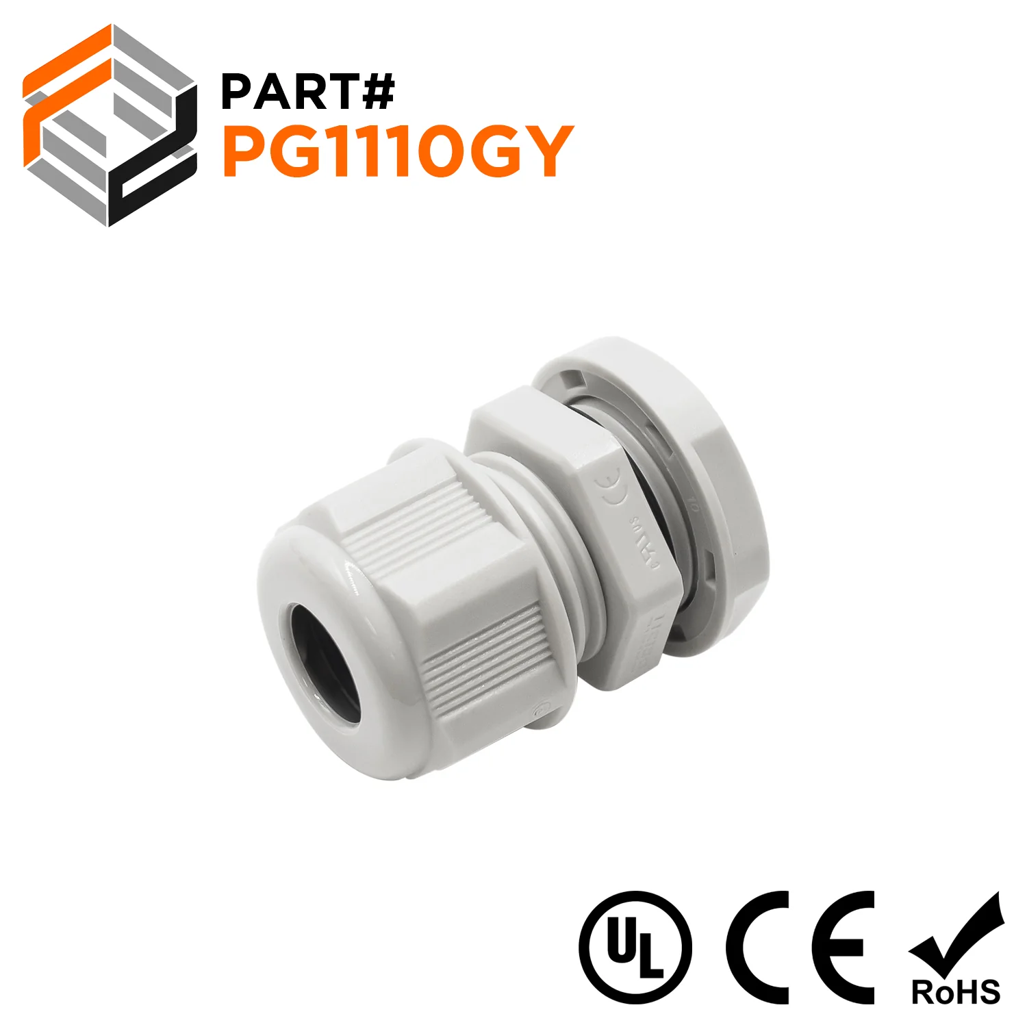 P1110GY - PG11 Thread Nylon Cable Gland, Gray, Range: 3/16" to 3/8", UL Listed, IP68, IP69K - 1 Piece