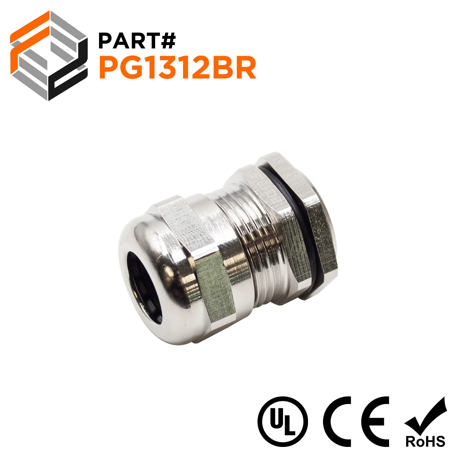 P1312BR - PG13.5 Thread Plated Brass Cable Gland, Range: 1/4" to 1/2", UL Listed, IP68, IP69K - 1 Piece