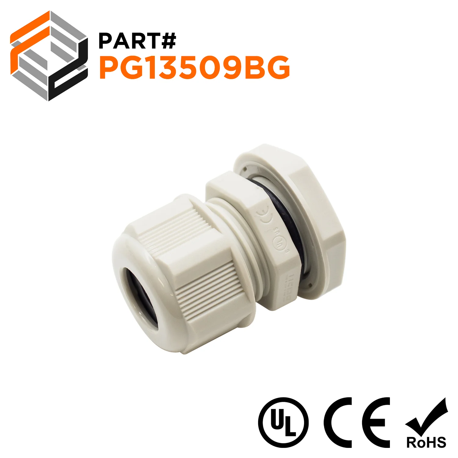 P13509BG - PG13.5 Thread Nylon Cable Gland, Beige, Range: 3/16" to 3/8", UL Listed, IP68, IP69K - 1 Piece