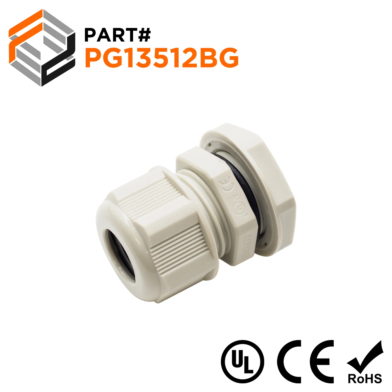 P13512BG - PG13.5 Thread Nylon Cable Gland, Beige, Range: 1/4" to 1/2", UL Listed, IP68, IP69K - 1 Piece