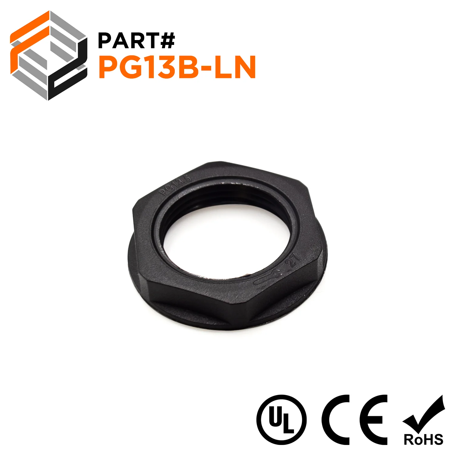 PG13 Thread Nylon Lock Nut for PG Cable Glands, Black, UL Approved, 1 Piece - PG13B-LN