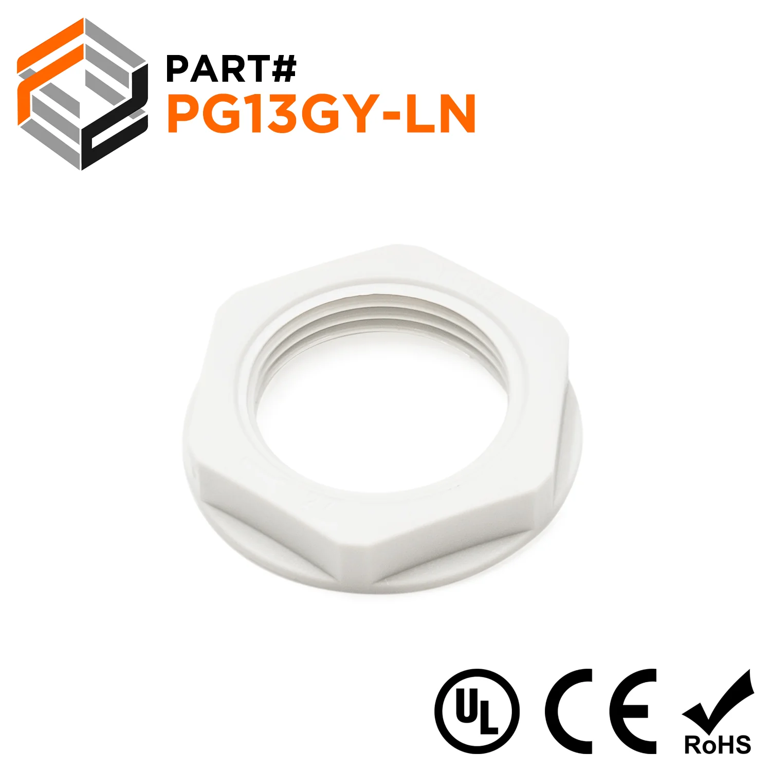 PG13 Thread Nylon Lock Nut for PG Cable Glands, Gray, UL Approved, 1 Piece - PG13GY-LN