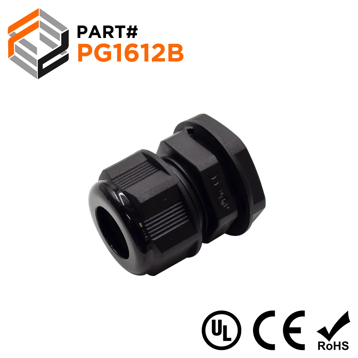 P1612B - PG16 Thread Nylon Cable Gland, Black, Range: 1/4" to 1/2", UL Listed, IP68, IP69K - 1 Piece