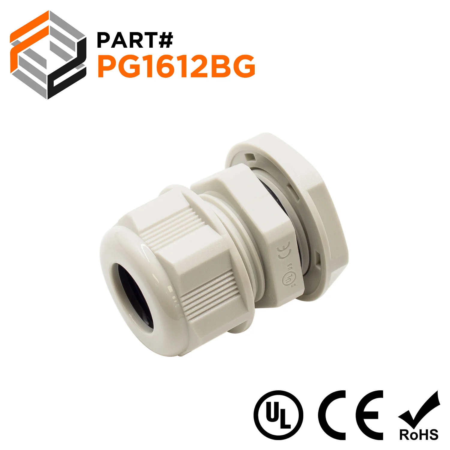 P1612BG - PG16 Thread Nylon Cable Gland, Beige, Range: 1/4" to 1/2", UL Listed, IP68, IP69K - 1 Piece