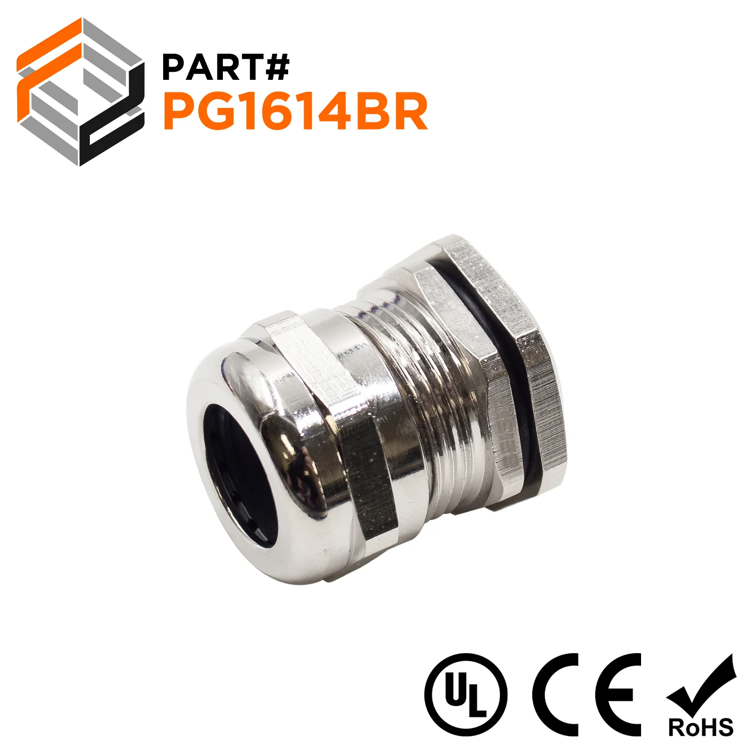 P1614BR - PG16 Thread Plated Brass Cable Gland, Range: 3/8" to 9/16", UL Listed, IP68, IP69K - 1 Piece