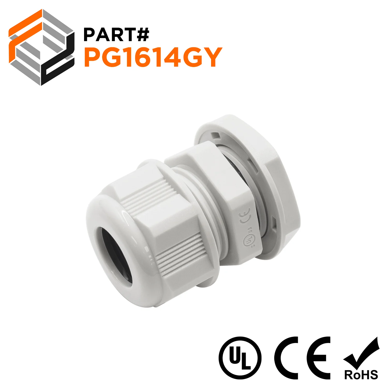 P1614GY - PG16 Thread Nylon Cable Gland, Gray, Range: 3/8" to 9/16", UL Listed, IP68, IP69K - 1 Piece