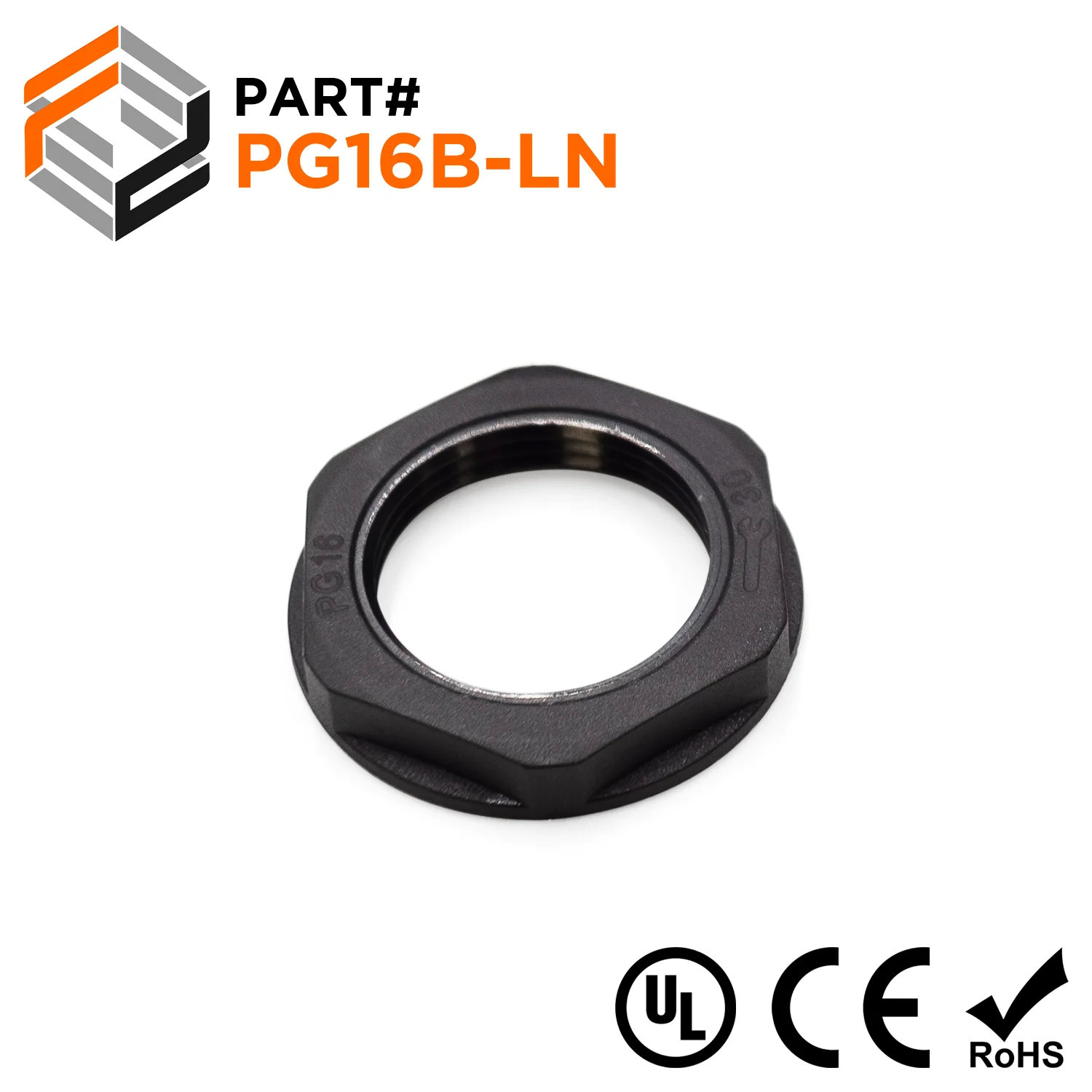 PG16 Thread Nylon Lock Nut for PG Cable Glands, Black, UL Approved, 1 Piece - PG16B-LN