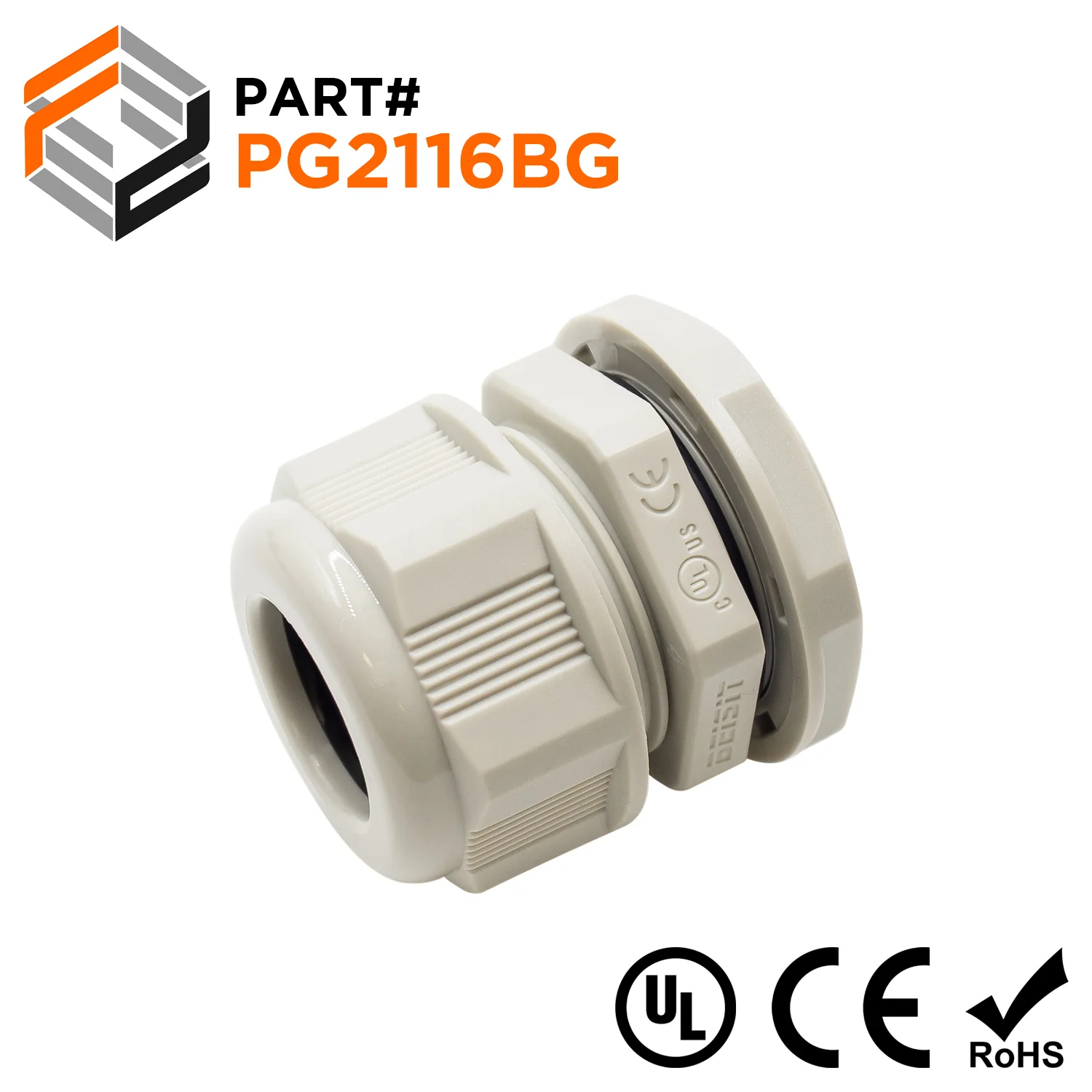P2116BG - PG21 Thread Nylon Cable Gland, Beige, Range: 3/8" to 5/8", UL Listed, IP68, IP69K - 1 Piece