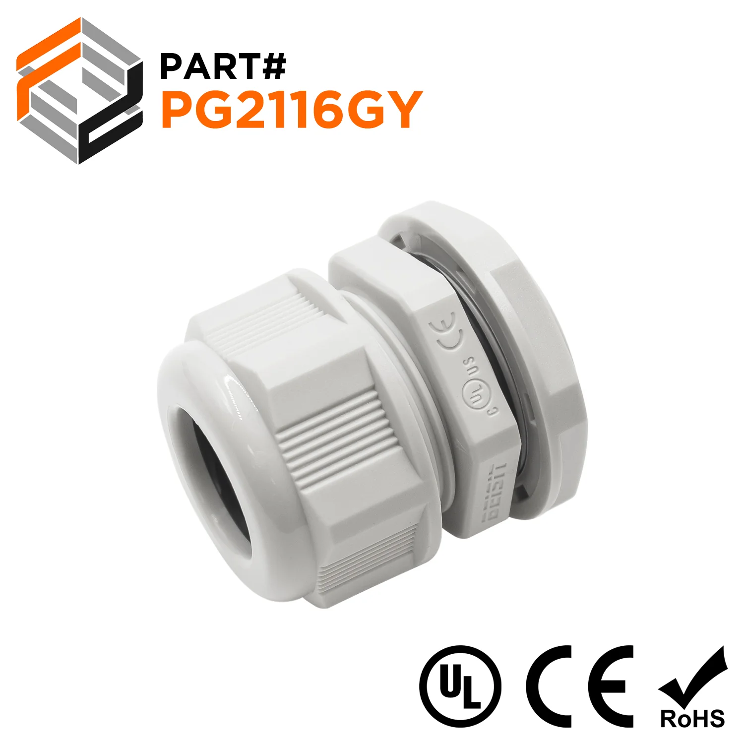 P2116GY - PG21 Thread Nylon Cable Gland, Gray, Range: 3/8" to 5/8", UL Listed, IP68, IP69K - 1 Piece