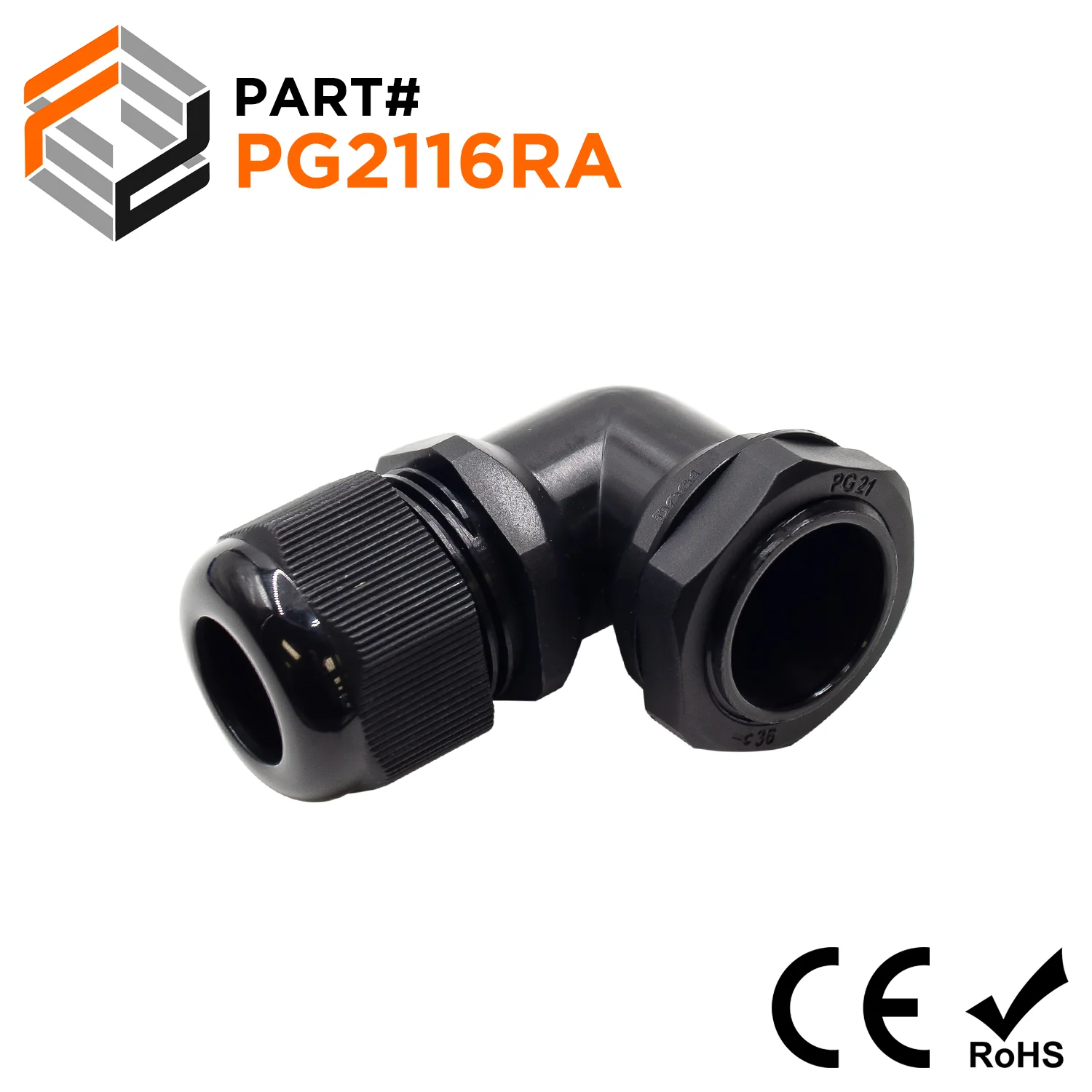 PG21 Right Angle Cable Gland, Black, IP68, 9-16mm Range, UL Recognized - PG2116RA