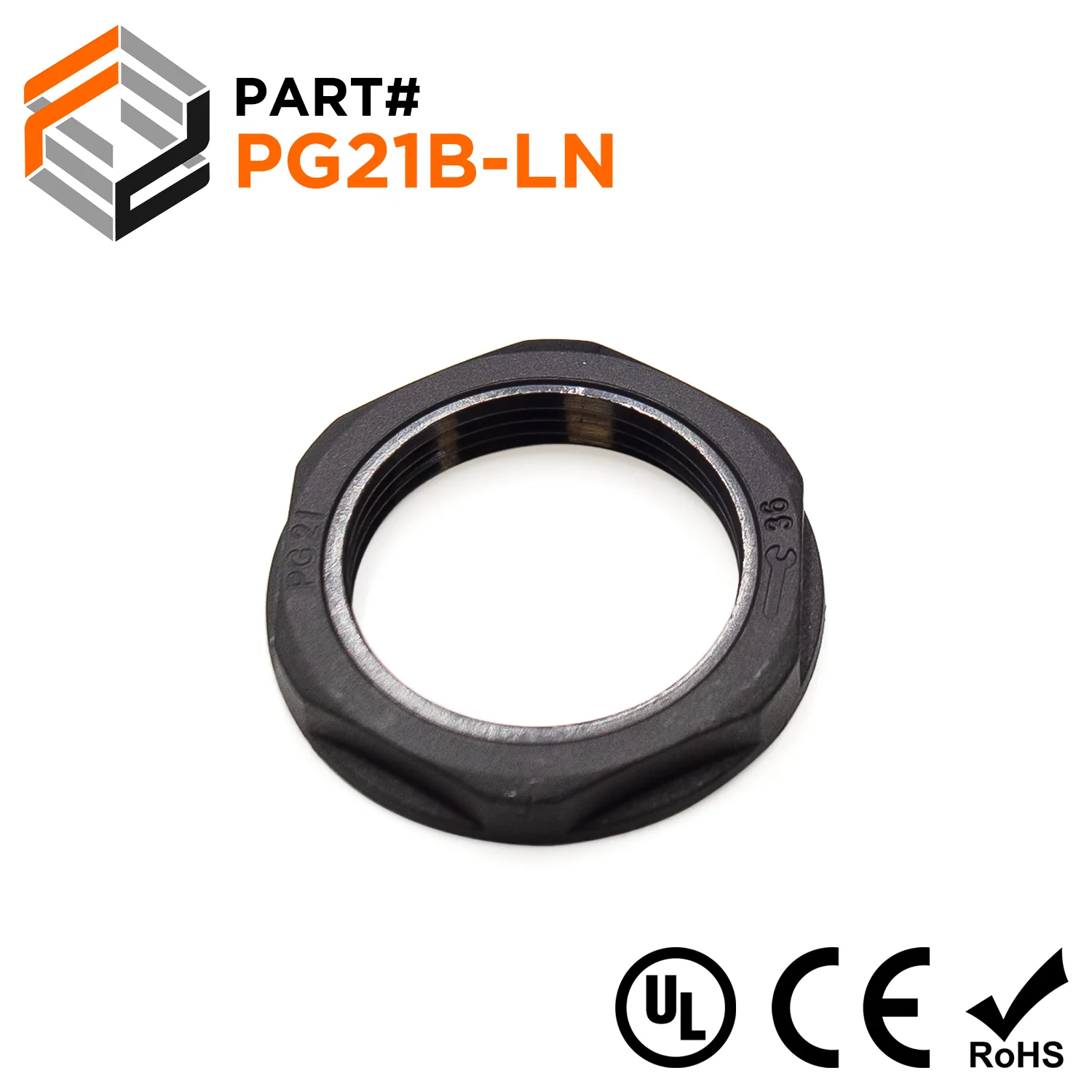 PG21 Thread Nylon Lock Nut for PG Cable Glands, Black, UL Approved, 1 Piece - PG21B-LN