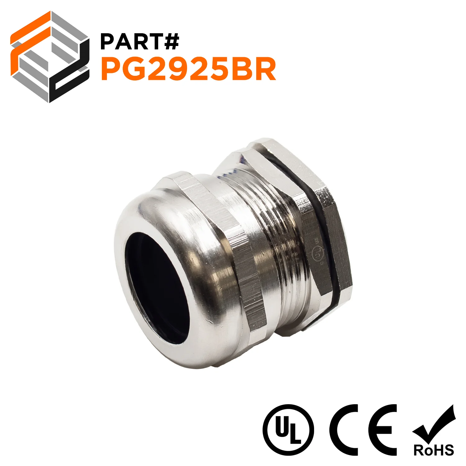 P2925BR - PG29 Thread Plated Brass Cable Gland, Range: 11/16" to 1", UL Listed, IP68, IP69K - 1 Piece