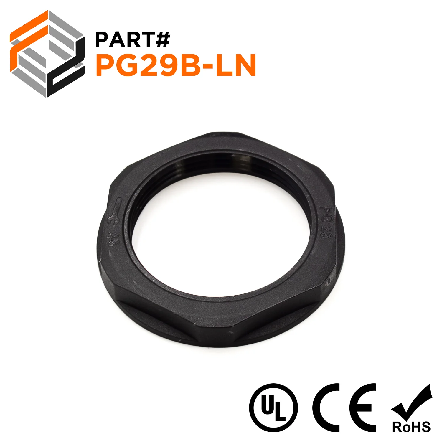 PG29 Thread Nylon Lock Nut for PG Cable Glands, Black, UL Approved, 1 Piece - PG29B-LN