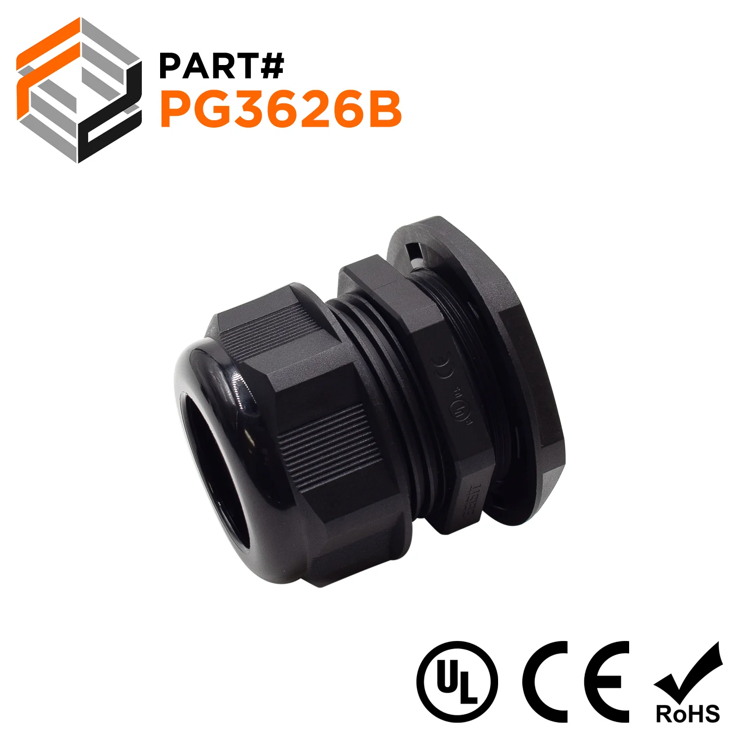 P3626B - PG36 Thread Nylon Cable Gland, Black, Range: 13/16" to 1", UL Listed, IP68, IP69K - 1 Piece