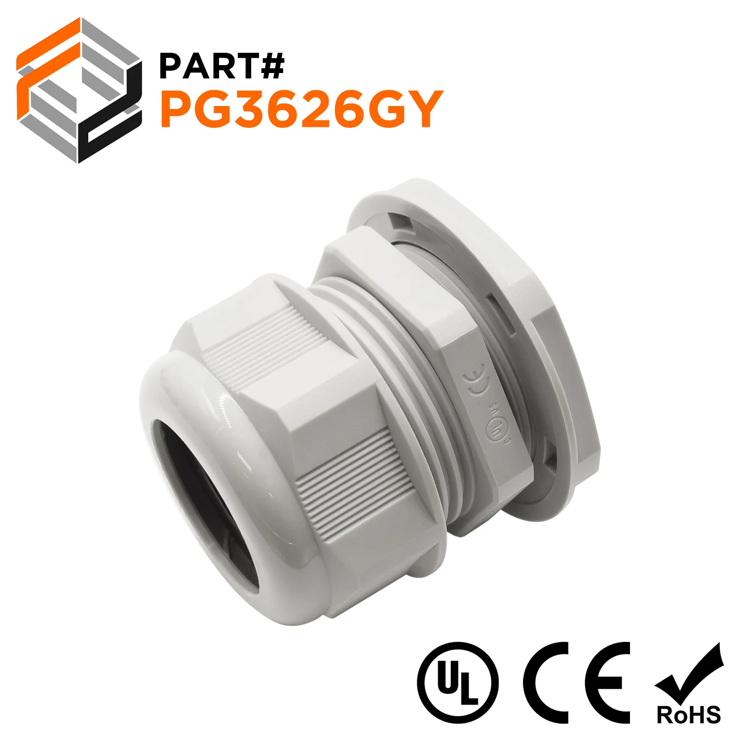 P3626GY - PG36 Thread Nylon Cable Gland, Gray, Range: 13/16" to 1", UL Listed, IP68, IP69K - 1 Piece