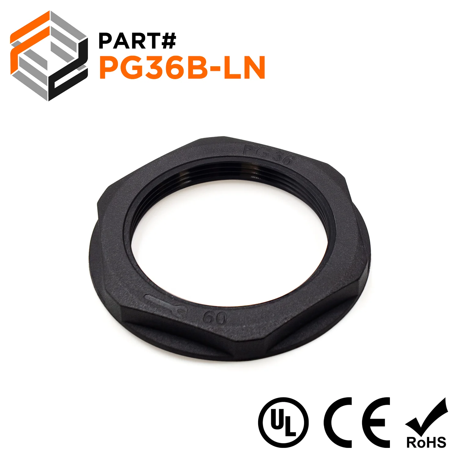 PG36 Thread Nylon Lock Nut for PG Cable Glands, Black, UL Approved, 1 Piece - PG36B-LN