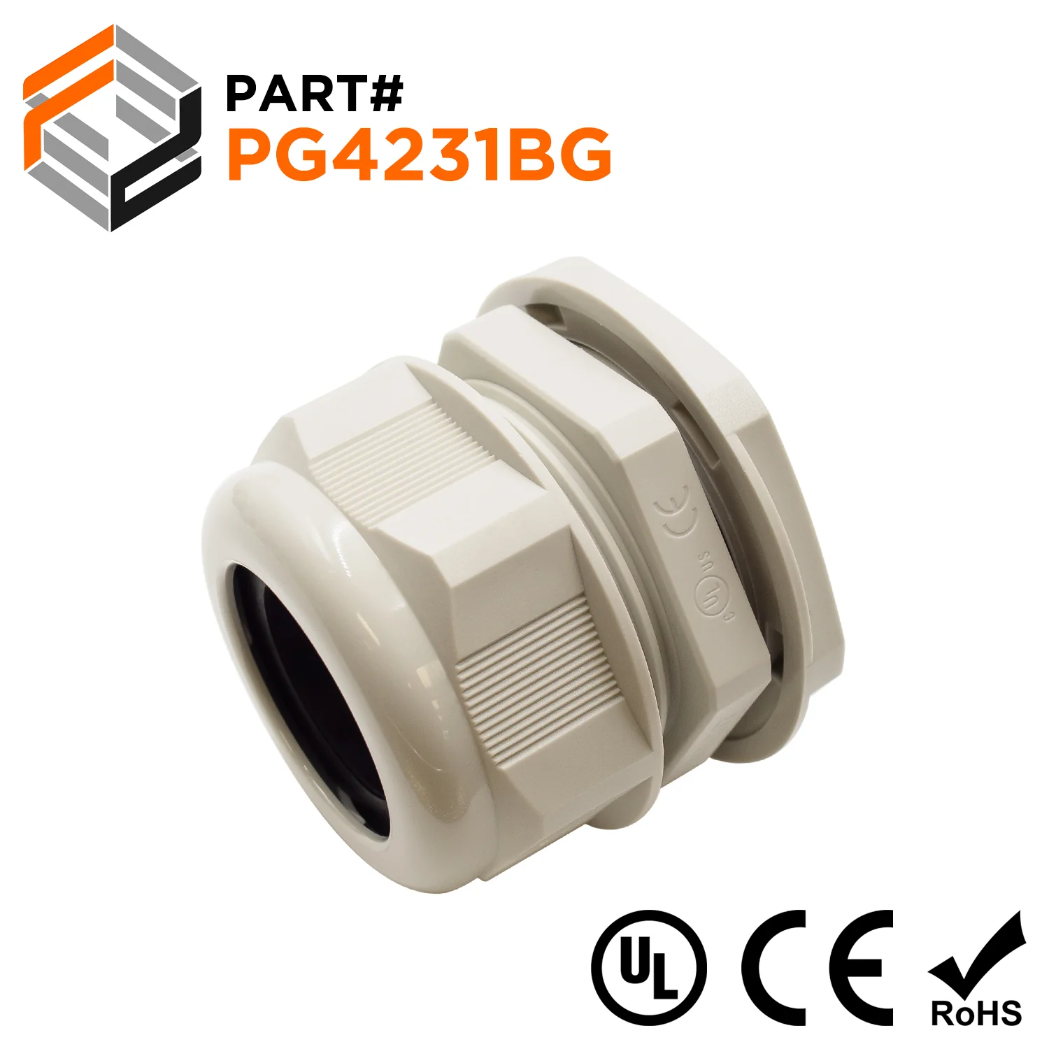P4231BG - PG42 Thread Nylon Cable Gland, Beige, Range: 1" to 1-1/4", UL Listed, IP68, IP69K - 1 Piece