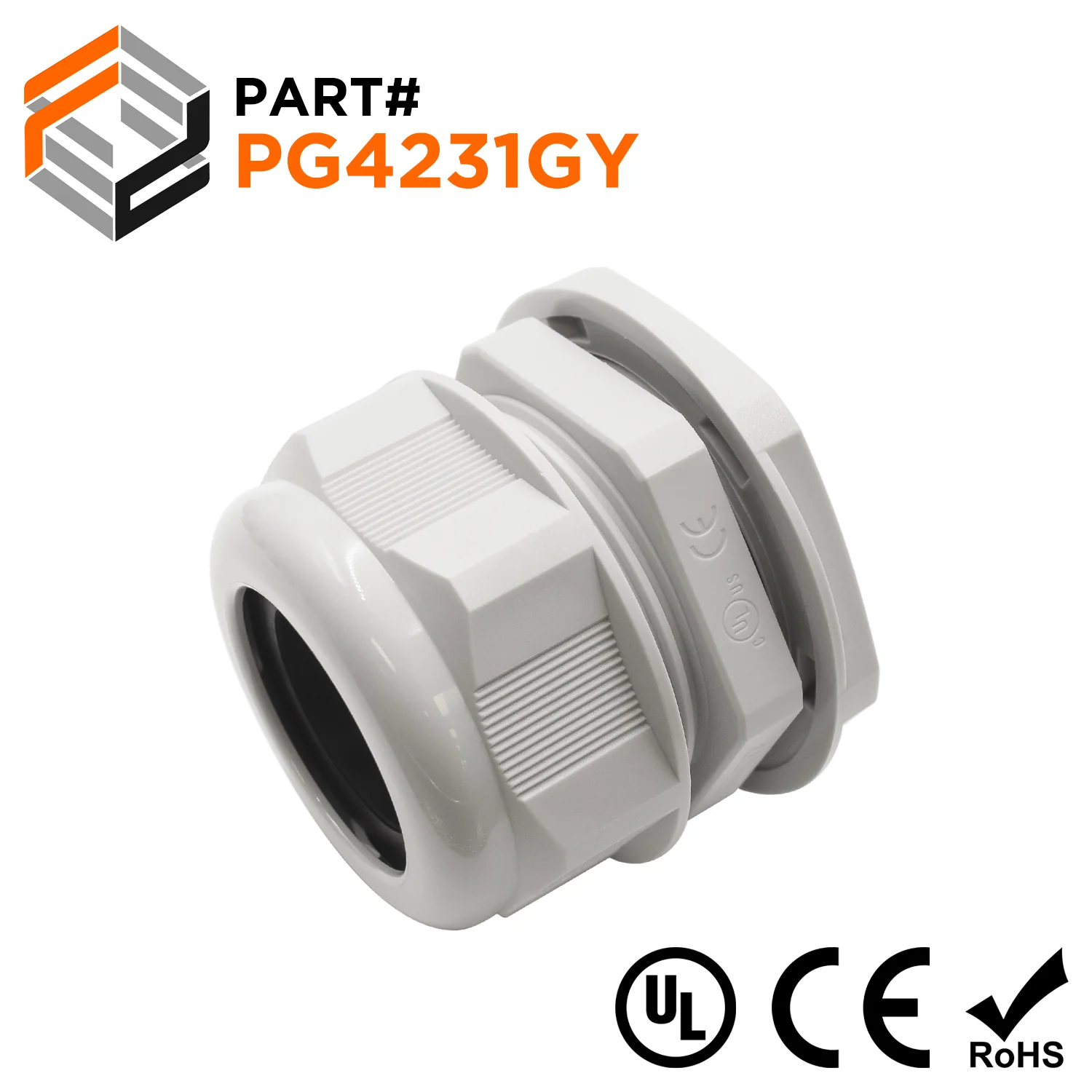 P4231GY - PG42 Thread Nylon Cable Gland, Gray, Range: 1" to 1-1/4", UL Listed, IP68, IP69K - 1 Piece