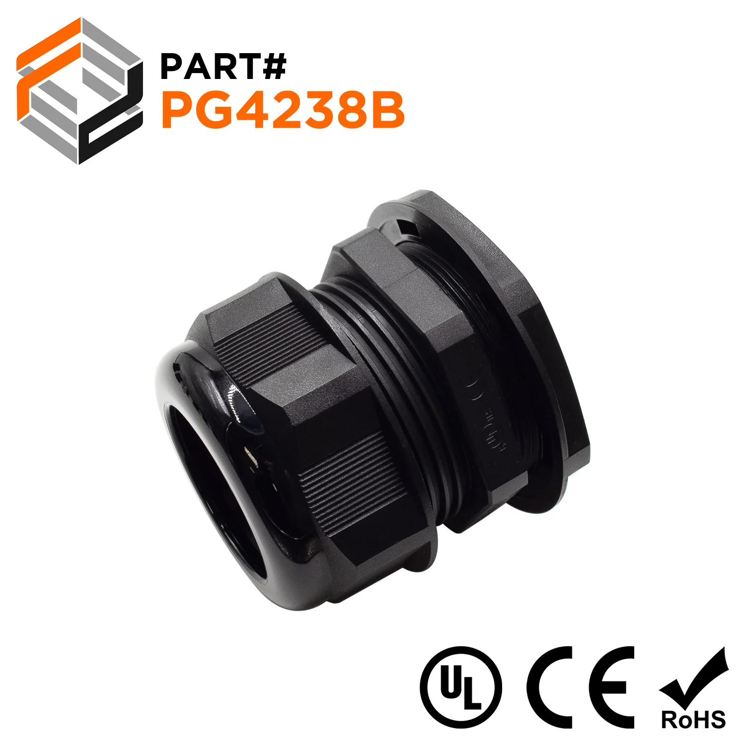 P4238B - PG42 Thread Nylon Cable Gland, Black, Range: 1-1/4" to 1-1/2", UL Listed, IP68, IP69K - 1 Piece