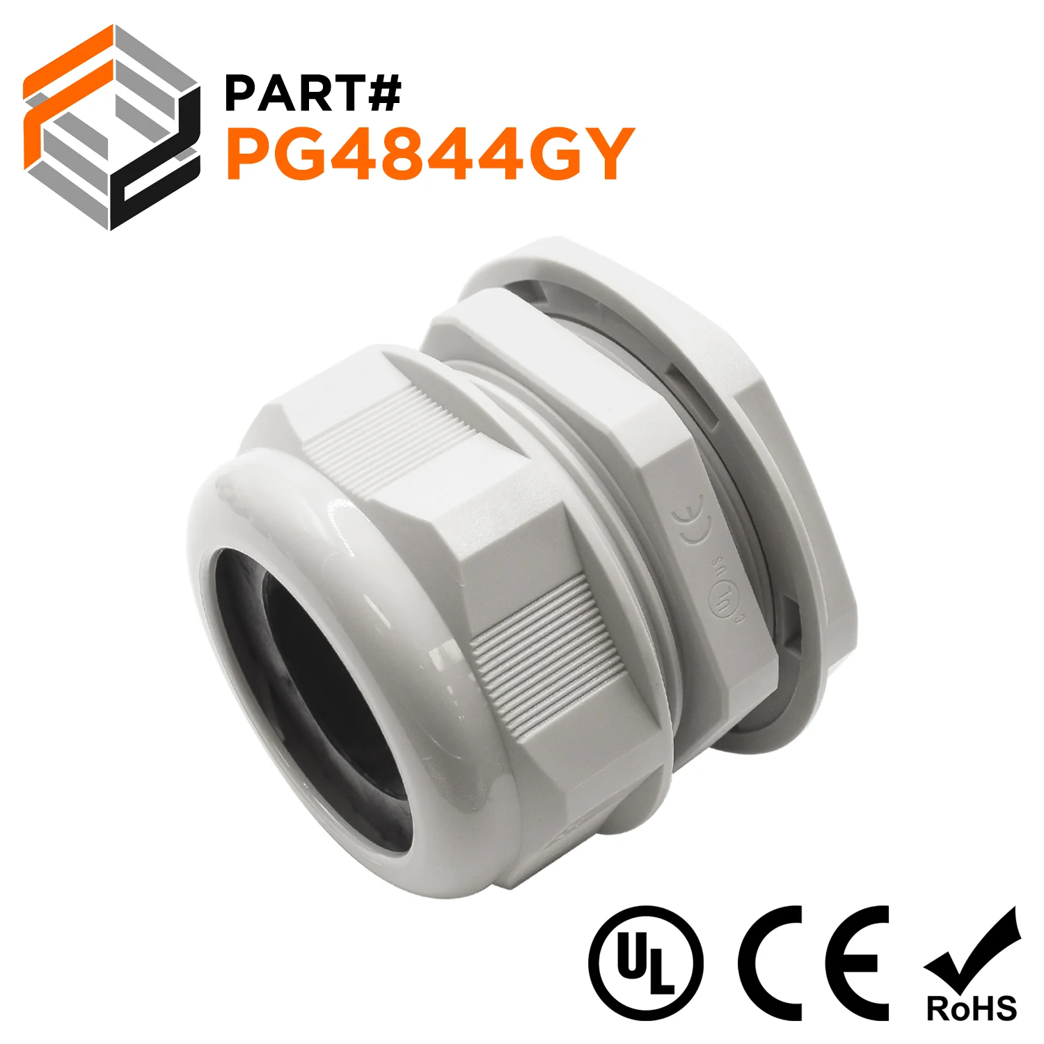 P4844GY - PG48 Thread Nylon Cable Gland, Gray, Range: 1-7/16" to 1-3/4", UL Listed, IP68, IP69K - 1 Piece