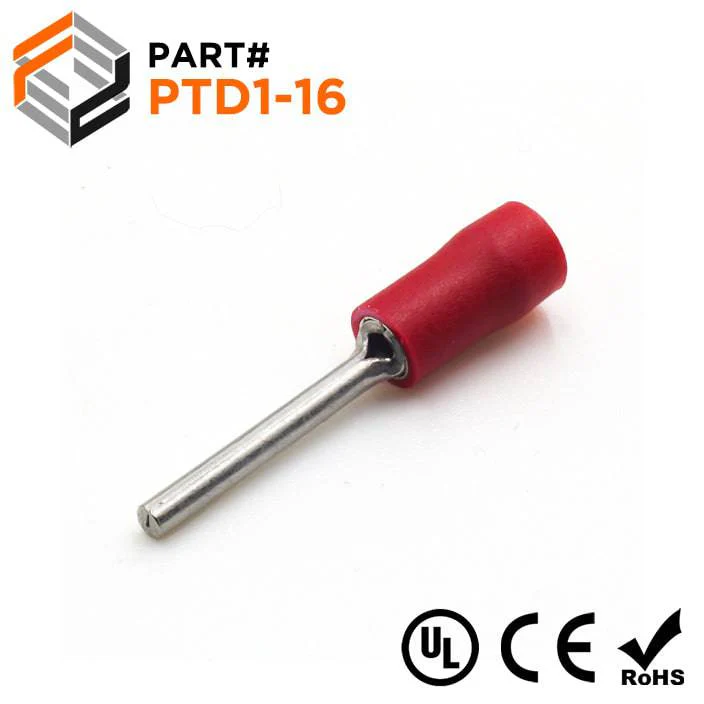 PTD1-16 - 22 to 16 AWG Vinyl PVC Insulated Pin Terminals, Double Crimp, 16mm Pin, 100 Pieces