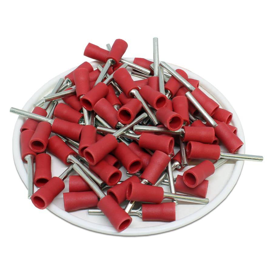 22 to 16 AWG Vinyl Insulated Pin Terminals, 5/8" Pin, UL Approved, 100 Pieces - PTV1-16