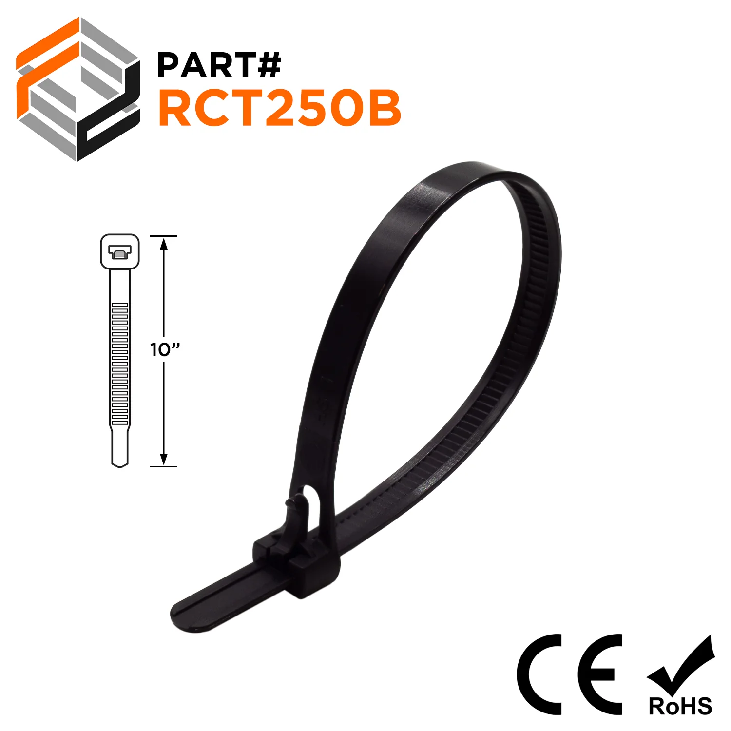 RCT250B - 10" Reusable Cable Ties, 50-lb Tensile, Trigger Release, Black, UV Resistant, UL Recognized, 100-Pack