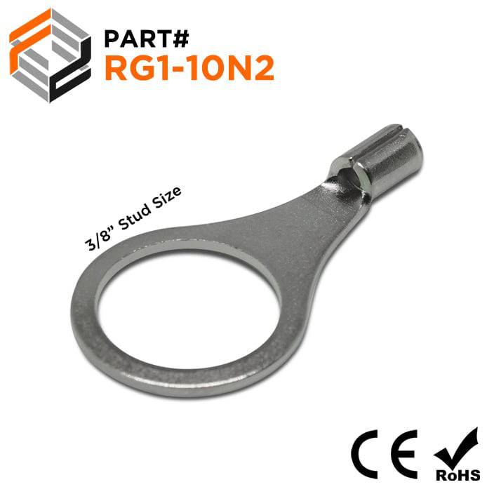 RG1-10N2 - 22 to 16 AWG High Temperature Ring Terminals, 3/8" Stud, Steel, 900°F, 100 Pieces