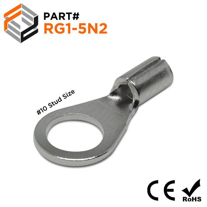 RG1-5N2 - 22 to 16 AWG High Temperature Ring Terminals, #10 Stud, Steel, 900°F, 100 Pieces