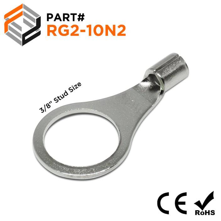RG2-10N2 - 16 to 14 AWG High Temperature Ring Terminals, 3/8" Stud, Steel, 900°F, 100 Pieces