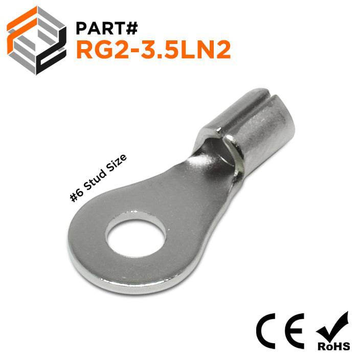 RG2-3.5LN2 - 16 to 14 AWG High Temperature Ring Terminals, #6 Stud, Steel, 900°F, 100 Pieces