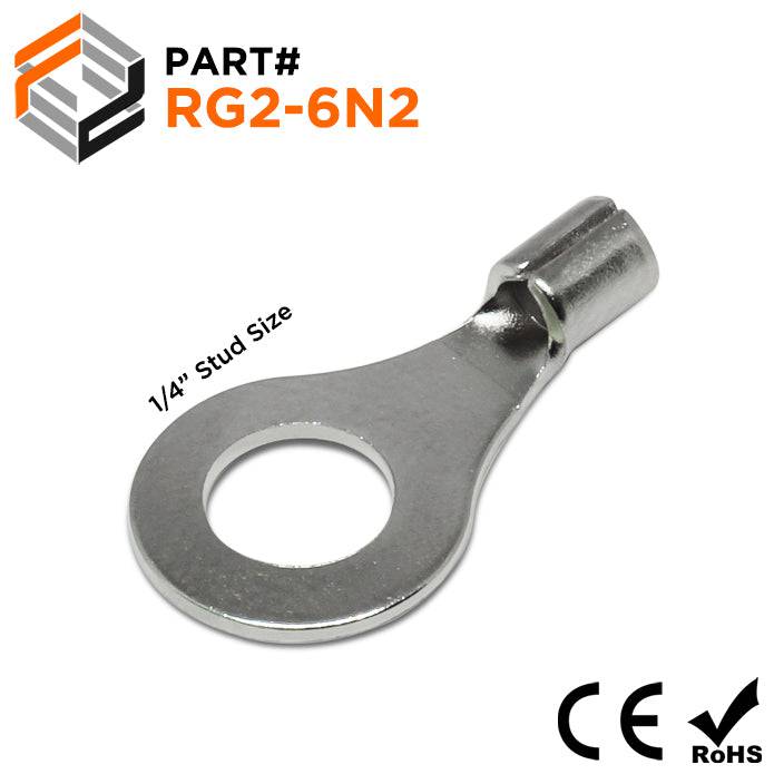 RG2-6N2 - 16 to 14 AWG High Temperature Ring Terminals, 1/4" Stud, Steel, 900°F, 100 Pieces