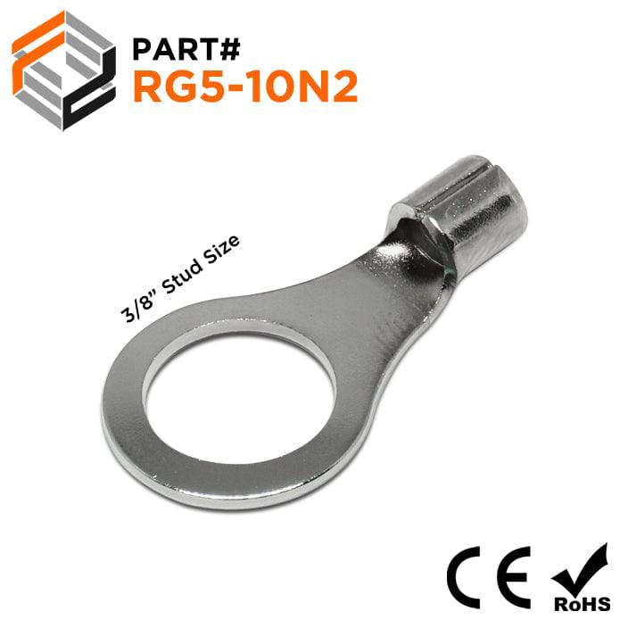 RG5-10N2 - 12 to 10 AWG High Temperature Ring Terminals, 3/8" Stud, Steel, 900°F, 100 Pieces