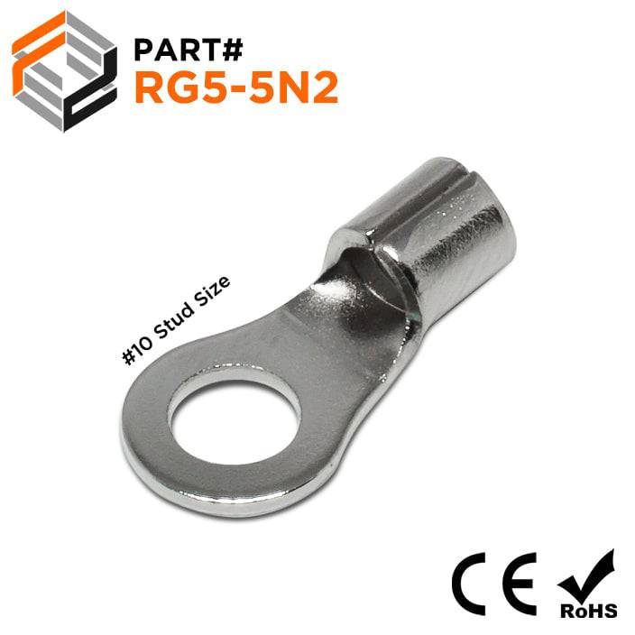 RG5-5N2 - 12 to 10 AWG High Temperature Ring Terminals, #10 Stud, Steel, 900°F, 100 Pieces