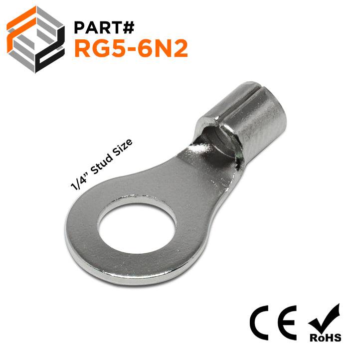 RG5-6N2 - 12 to 10 AWG High Temperature Ring Terminals, 1/4" Stud, Steel, 900°F, 100 Pieces