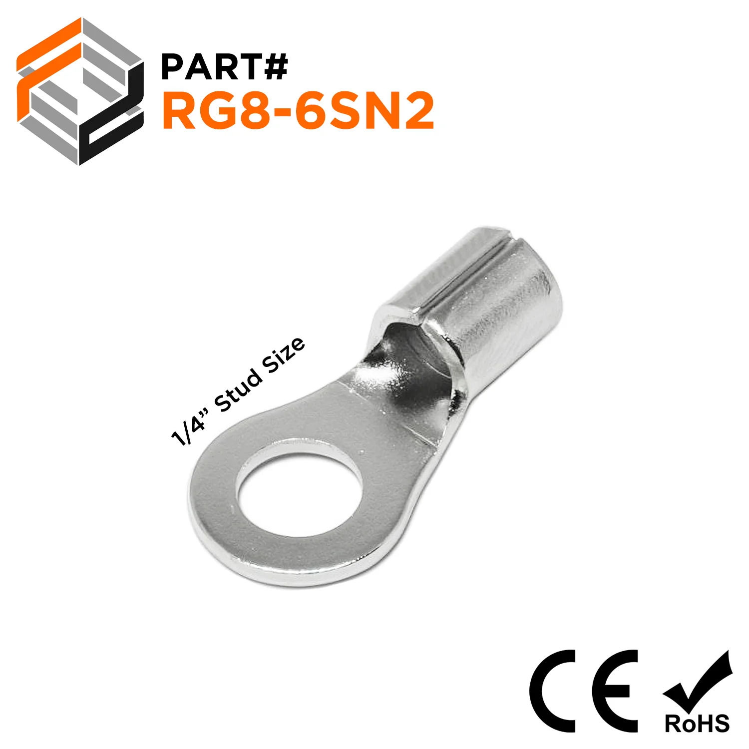 RG8-6SN2 - 8 AWG High Temperature Ring Terminals, 1/4" Stud, Steel, 900°F, 50 Pieces