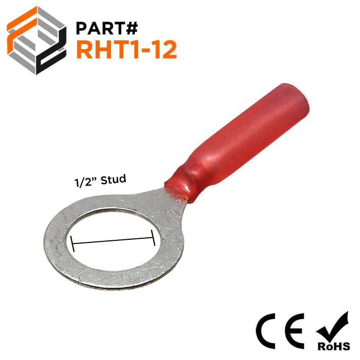 22 to 16 AWG Heat Shrink Ring Terminals, 1/2" Stud, Polyethylene, 25 Pieces - RHT1-12