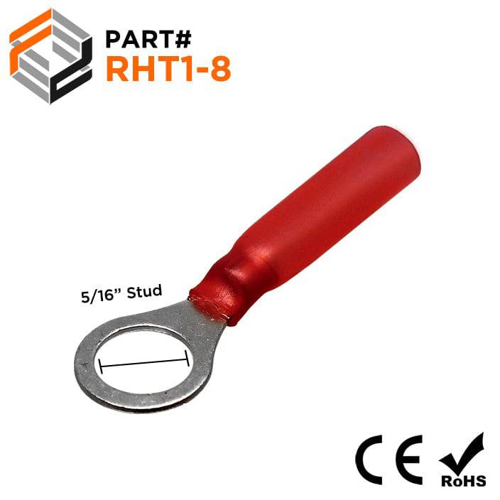 22 to 16 AWG Heat Shrink Ring Terminals, 5/16" Stud, Polyethylene, 25 Pieces - RHT1-8