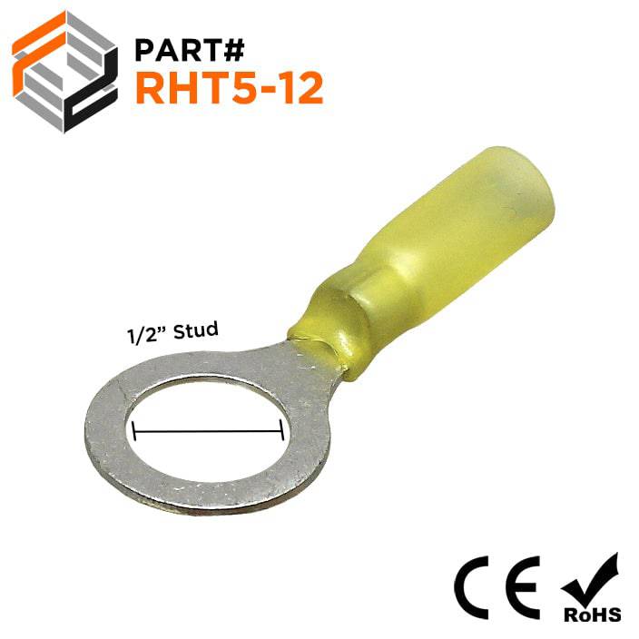 RHT5-12 - 12 to 10 AWG Heat Shrink Ring Terminals, 1/2" Stud, Polyethylene, 10 Pieces