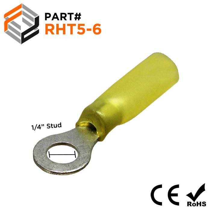 RHT5-6 - 12 to 10 AWG Heat Shrink Ring Terminals, 1/4" Stud, Polyethylene, 10 Pieces