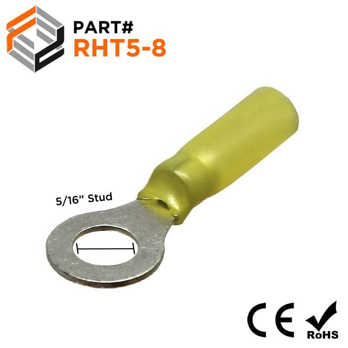 RHT5-8 - 12 to 10 AWG Heat Shrink Ring Terminals, 5/16" Stud, Polyethylene, 10 Pieces