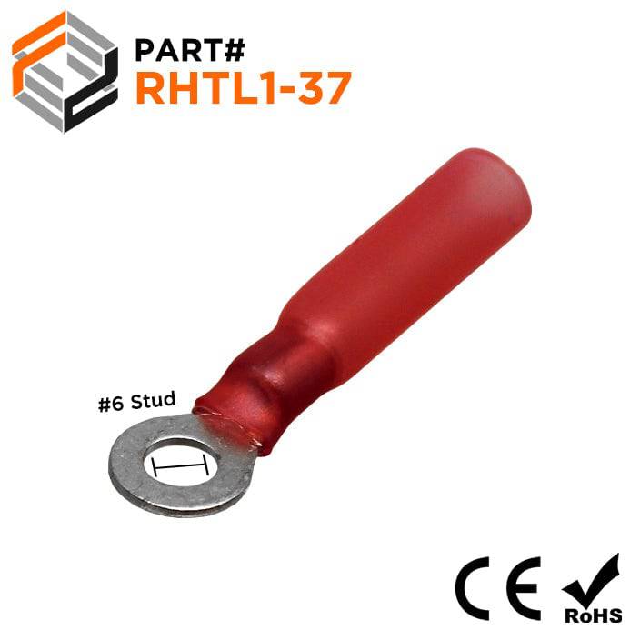22 to 16 AWG Heat Shrink Ring Terminals, #6 Stud, Polyethylene, 25 Pieces - RHTL1-3.7
