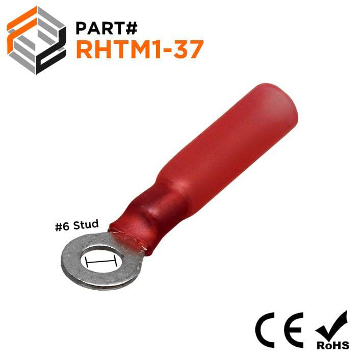 22 to 16 AWG Heat Shrink Ring Terminals, #6 Stud, Polyethylene, 25 Pieces - RHTM1-3.7