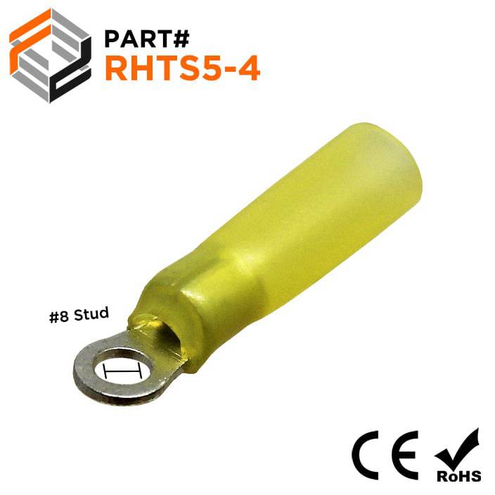 RHTS5-4 - 12 to 10 AWG Heat Shrink Ring Terminals, #8 Stud, Polyethylene, 10 Pieces
