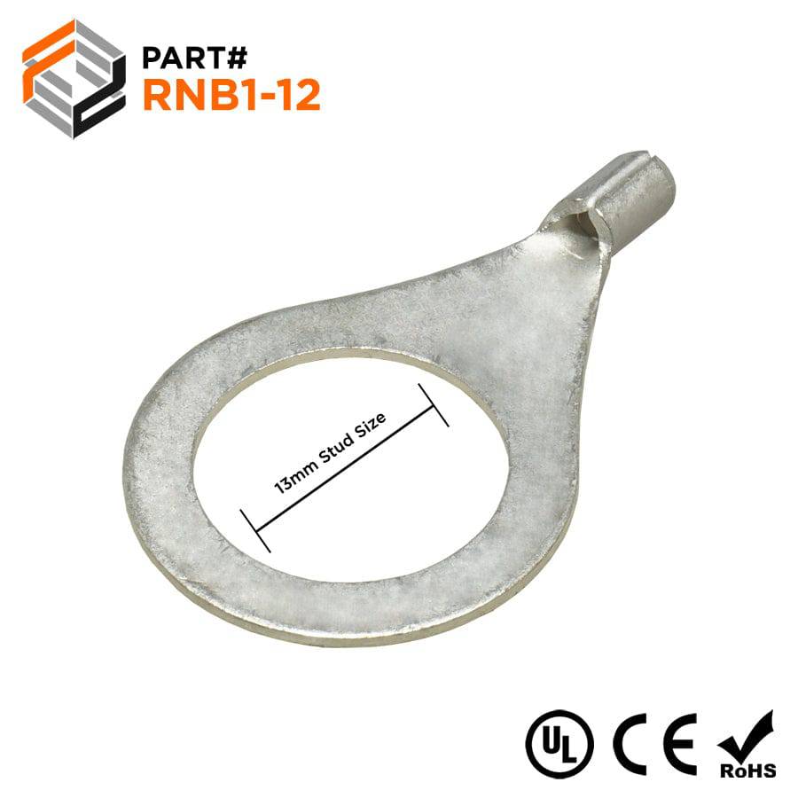 22-16 AWG Non Insulated Ring Terminals, 1/2" Stud, UL Approved, 50 Pieces - RNB1-12