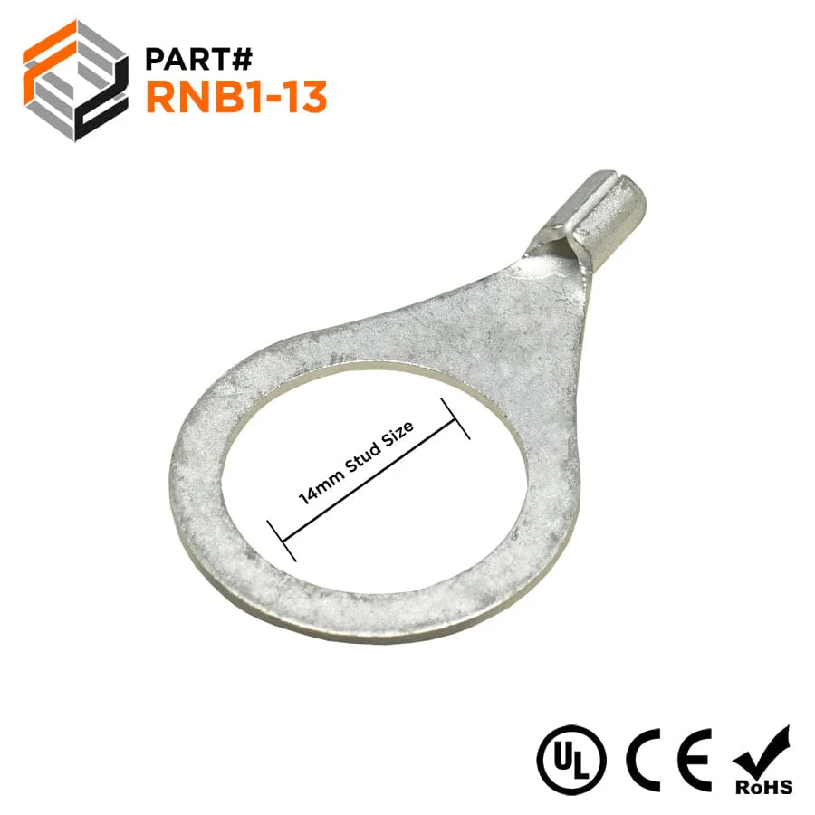 22-16 AWG Non Insulated Ring Terminals, 17/32" Stud, UL Approved, 50 Pieces - RNB1-13