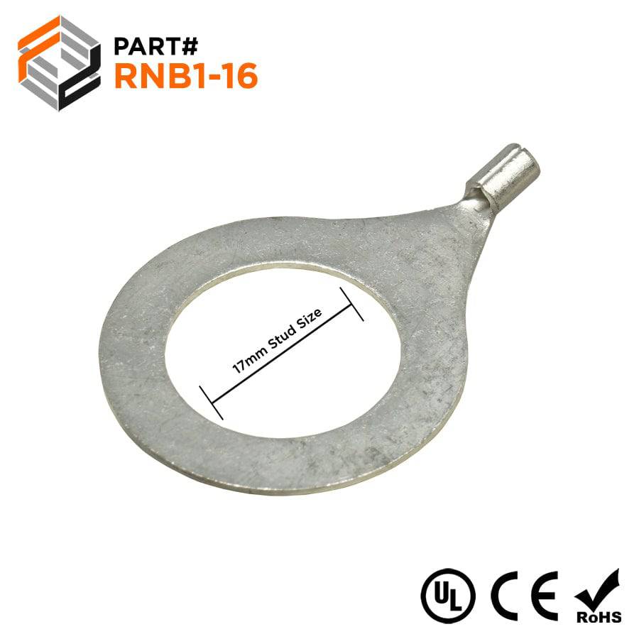 22-16 AWG Non Insulated Ring Terminals, 5/8" Stud, UL Approved, 50 Pieces - RNB1-16