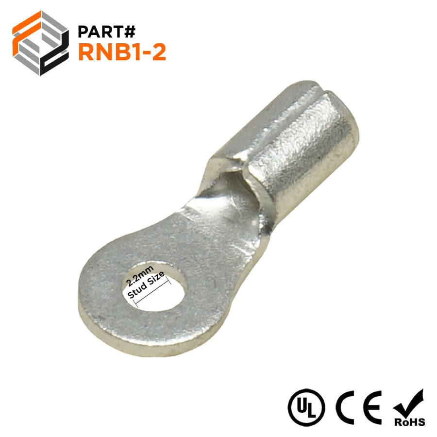 22-16 AWG Non Insulated Ring Terminals, #2 Stud, UL Approved, 100 Pieces - RNB1-2