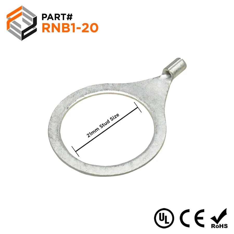 22-16 AWG Non Insulated Ring Terminals, 3/4" Stud, UL Approved, 50 Pieces - RNB1-20