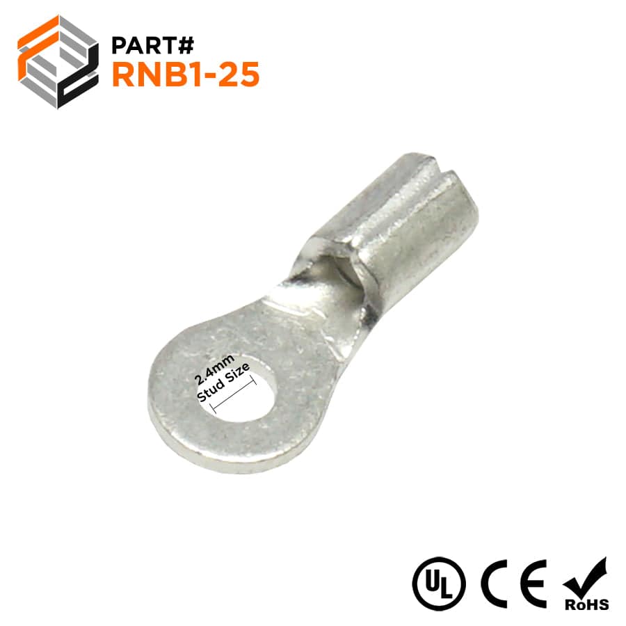 22-16 AWG Non Insulated Ring Terminals, #2 Stud, UL Approved, 100 Pieces - RNB1-2.5